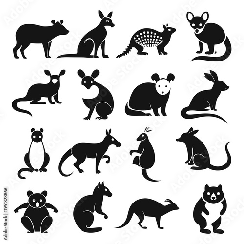 Collection of simplified animal silhouettes isolated on white background