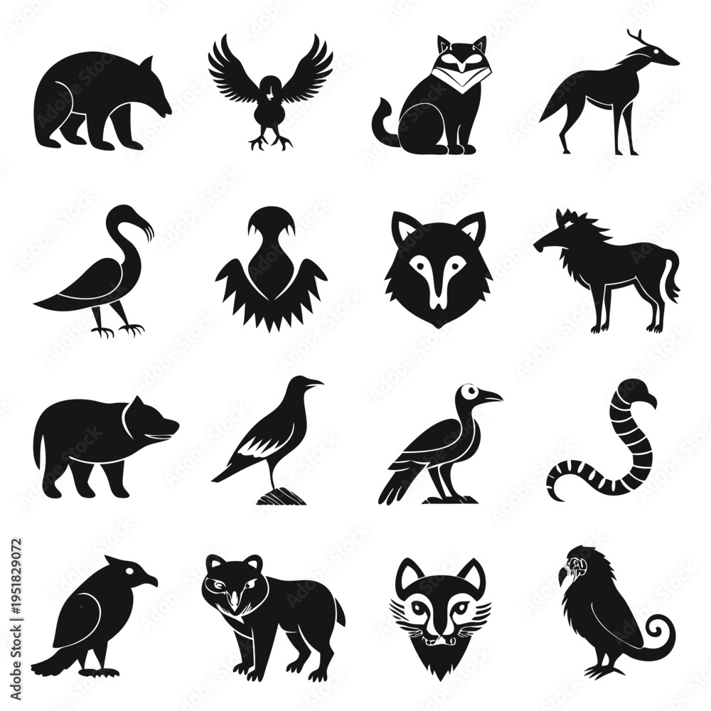 Naklejka premium Collection of simple black animal icons on white background