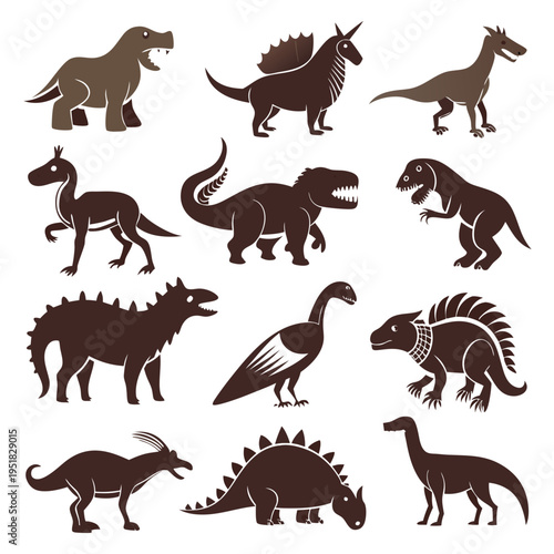 Diverse collection of stylized dinosaur silhouettes on white backdrop