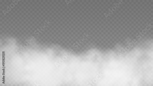 White fog texture isolated on transparent background. Steam special effect. Realistic vector fire smoke or mist	