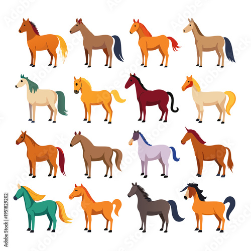 Colorful Horse Collection on White Background Illustration