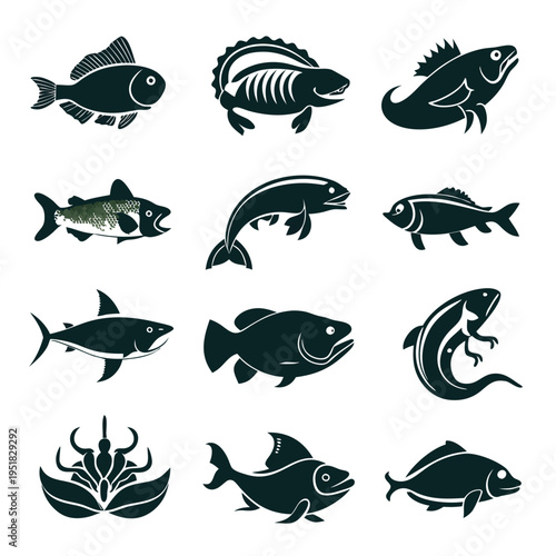 Collection of twelve fish icon set designs on white