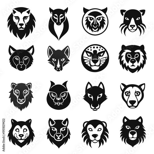 Collection of sixteen animal head logos in monochrome style