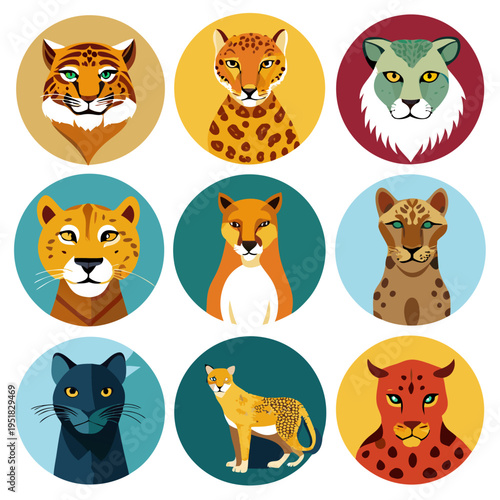 Collection of stylized cat portraits in flat vector illustration