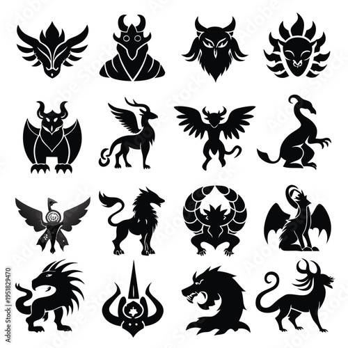 Set of mythical creatures silhouettes black vector illustration