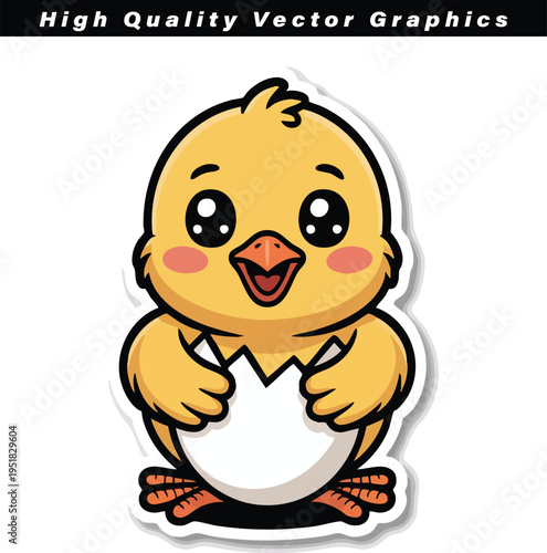 Charming sticker illustration features a happy, wide-eyed baby chick emerging from a broken egg, perfectly rendered with a white outline for easy application.