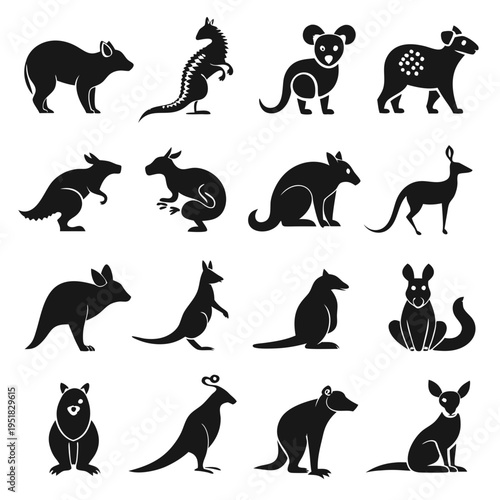 Monochrome silhouettes of Australian mammals in graphic icon style