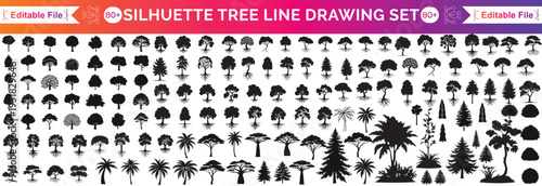 silhouette tree line drawing set, Side view, set of graphics trees elements outline symbol for architecture and landscape design drawing
silhouette t