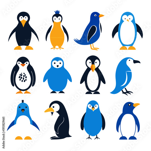 Twelve stylized cartoon penguins in flat design vector illustration