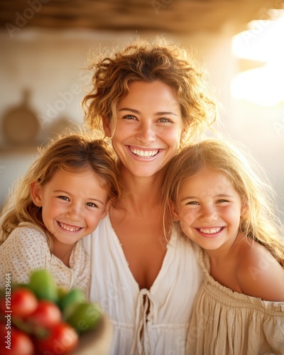 A joyful mother smiles warmly with her two happy young daughters in a sunlit, cozy home setting.