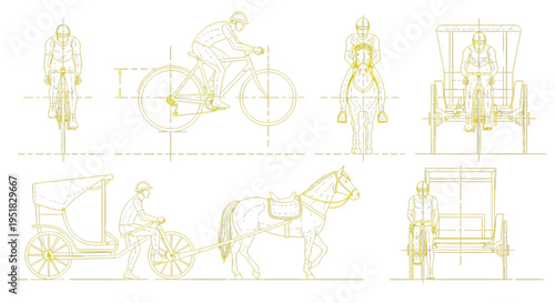 Human Transport AutoCAD Blueprint Vector – Cyclist Horse Rider Cart Technical Multiview Yellow Outline Drawing