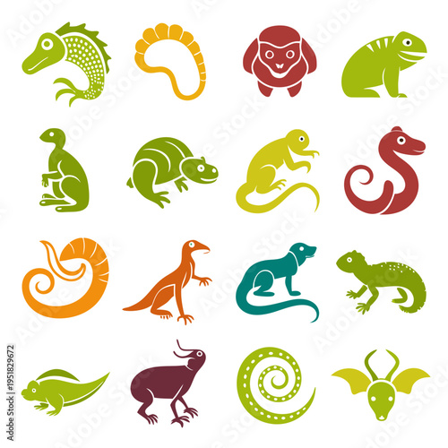 Colorful cartoon animal icons arrayed in organized symmetrical grid