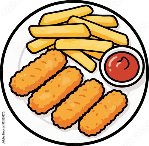 Cartoon Crispy Chicken Nuggets with French Fries and Ketchup Sauce on Round White Plate Vector