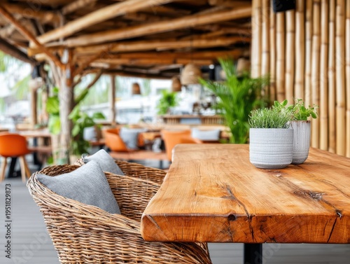 Tropical Restaurant Seating Area with Wicker Chairs and Bamboo Decor Natural Light