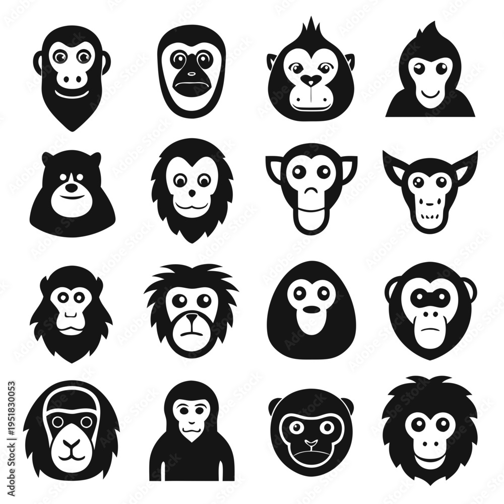 Obraz premium Monochrome monkey face vector icons collection on white backdrop