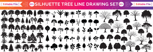 silhouette tree line drawing set, Side view, set of graphics trees elements outline symbol for architecture and landscape design drawing
silhouette t