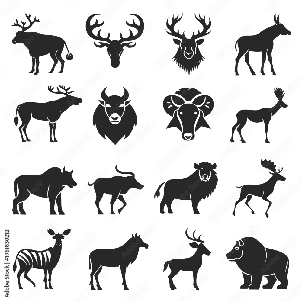 Fototapeta premium Collection of monochrome silhouettes of various wild animal species