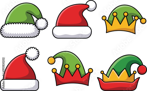 Christmas santa and elf hat vector set, cartoon holiday headwear for winter celebration, xmas party