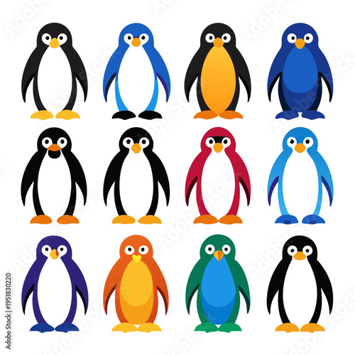 Twelve colorful stylized penguins arranged in a rectangular grid