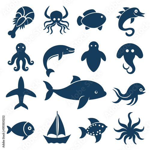 Collection of blue sea creature and vessel icons