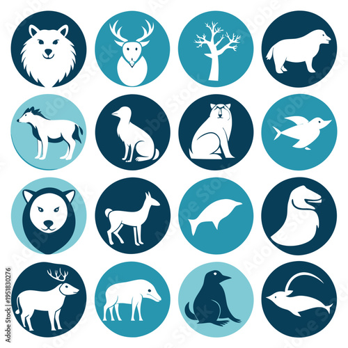 Animal icons set in flat style with blue background