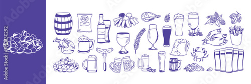 Beer and Pub Food Vector Set. Hand Drawn Brewery, Glasses, Snacks and Seafood Sketch Collection. Bar Line Art Icons.