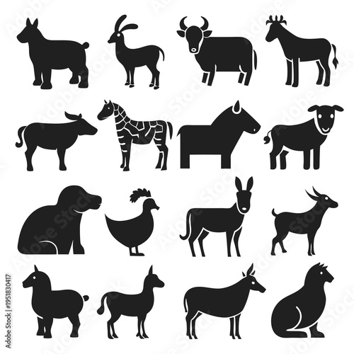 Silhouette Animal Icons Variety Showing Farm and Exotic Creatures