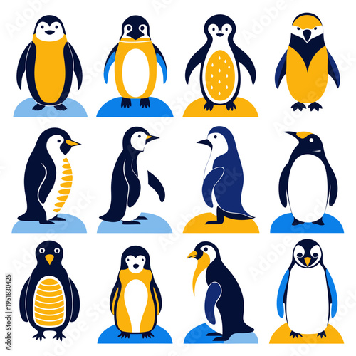 Collection of flat design penguin illustrations on ice blocks