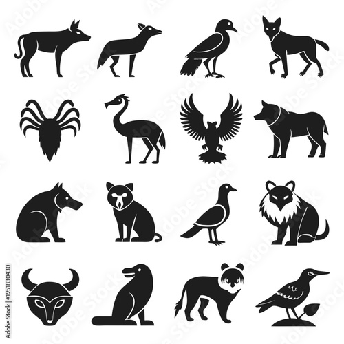 Black silhouette of diverse animals on white background pattern