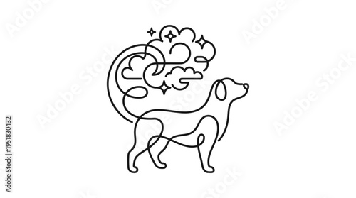 Dog Catching Dreams in Tail Continuous Single Line Minimalist Dream Protector Line Art Illustration