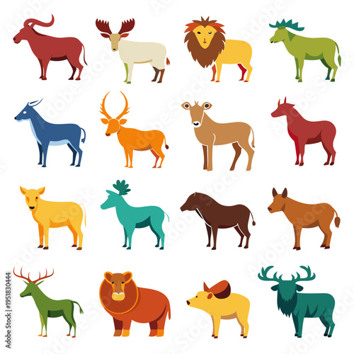 Stylized vector illustration of various mammals in vibrant colors