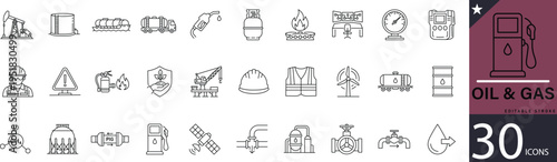 Minimal Oil and Gas line icons for petroleum, fuel, drilling, refinery, pipeline, and energy industry services. Perfect for energy apps, industrial projects, and oil company branding