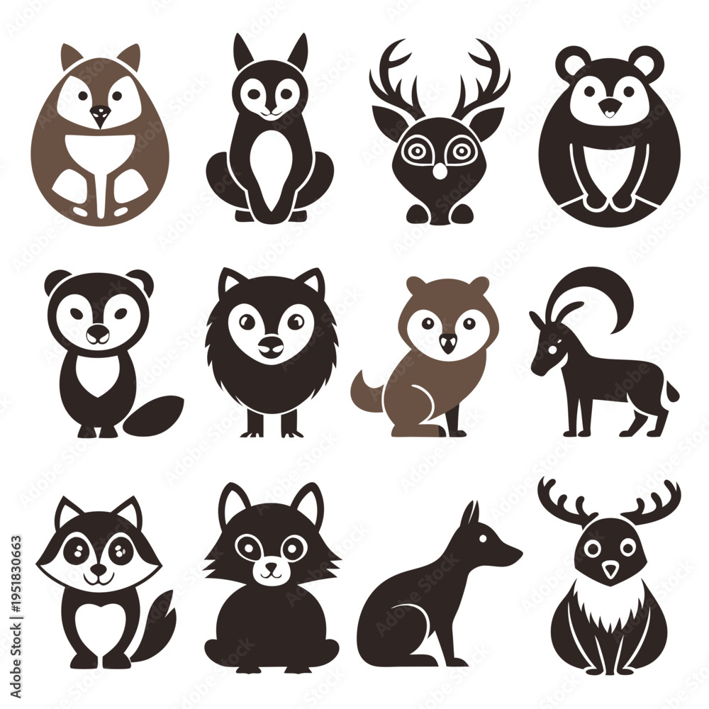 Fototapeta premium Stylized animal icons of woodland creatures in flat design
