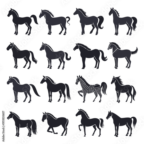 Collection of horse silhouettes, various breeds and poses, black