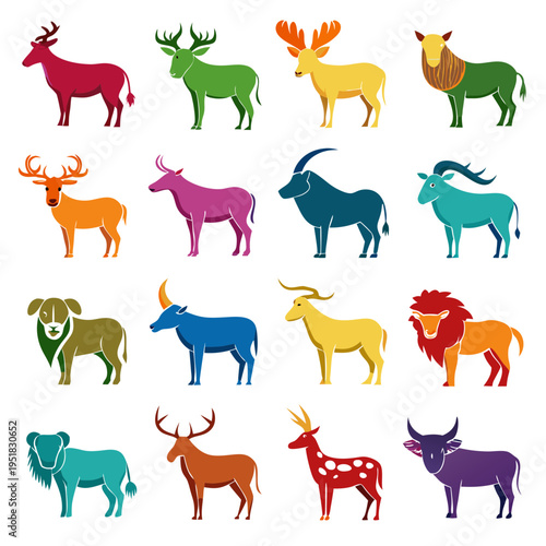 Colorful animal species compilation in simple vector graphic style