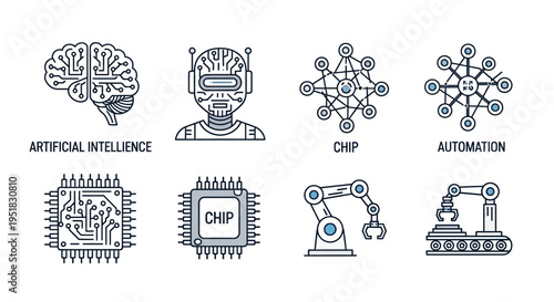 Icons representing artificial intelligence technology concepts.