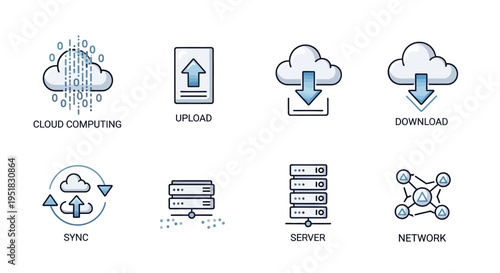 Cloud computing and data transfer icons.