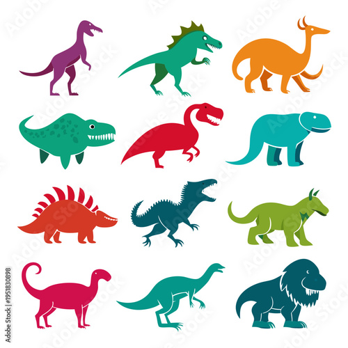 Vibrant collection of stylized dinosaurs in various colors and shapes