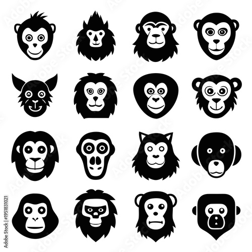 Collection of stylized monkey and primate face icons