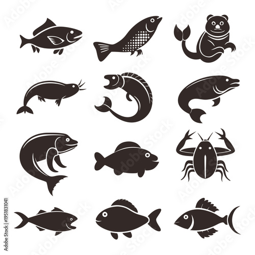 Collection of aquatic animal icons and vector silhouettes