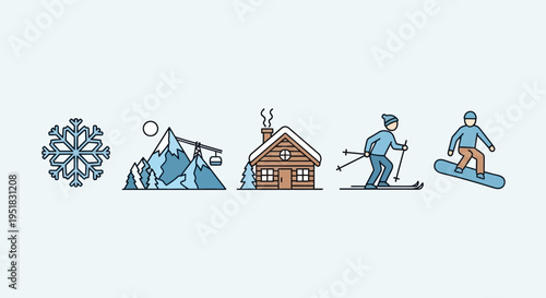 Winter sports and mountain scenery icons.