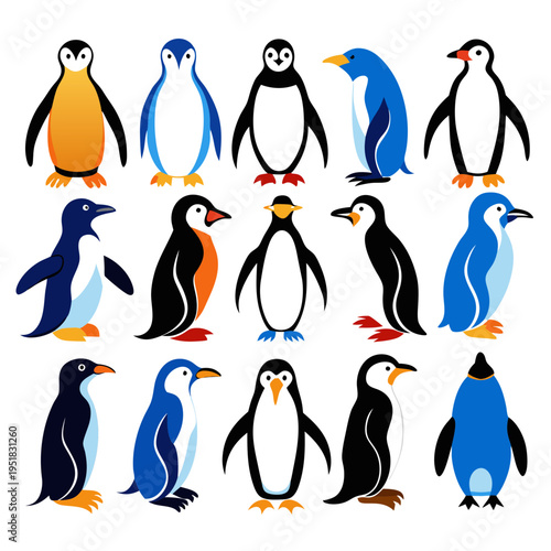 Collection of colorful flat vector style penguin illustrations