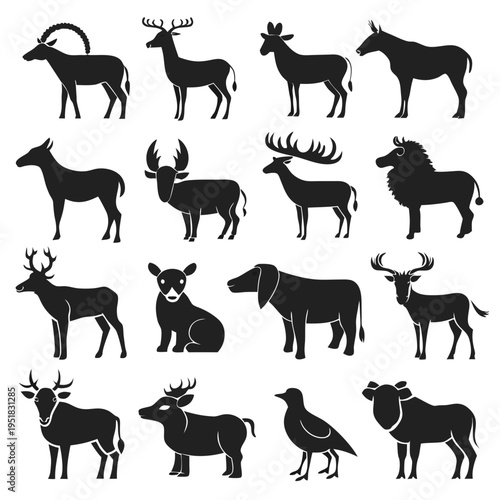 Silhouetted Animal Illustrations Featuring Various Mammals and a Bird