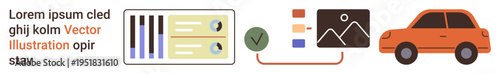 Data analysis, verification, transportation, technology, automotive industry, workflow design. Visual elements include data charts, a tick symbol and a car. Data analysis and verification concept