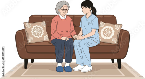 Professional Elderly Care Illustration Featuring Nurse Providing Companionship and Emotional Support to Senior Woman on Sofa for Home Healthcare and Assisted Living Services