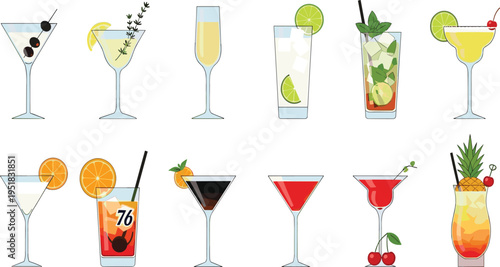 cocktail illustration set, mixed drink vector, martini 