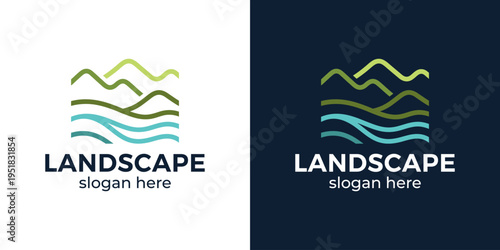 Simple panorama logo design. Mountain peak design graphic with sea beach vector illustration. Symbol, icon, creative.