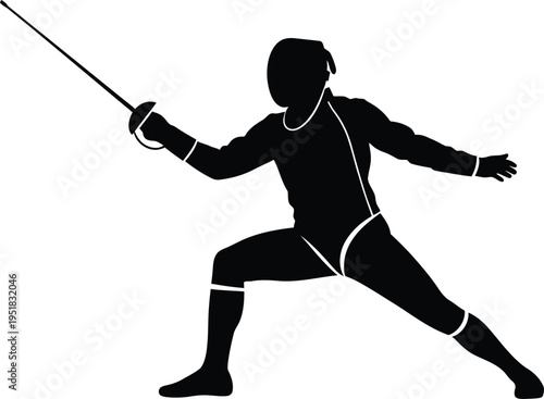 Fencer in dynamic stance with sword, poised for action in fencing