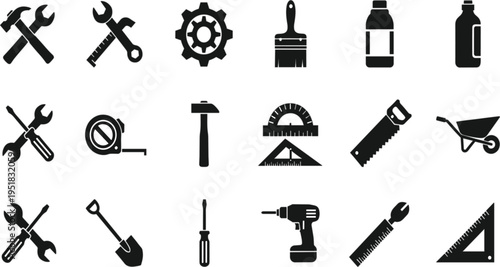 Professional Construction Hand Tool Vector Set Featuring Hammer Wrench Power Drill and Measuring Instruments Silhouette Icons for DIY Hardware and Industrial Design
