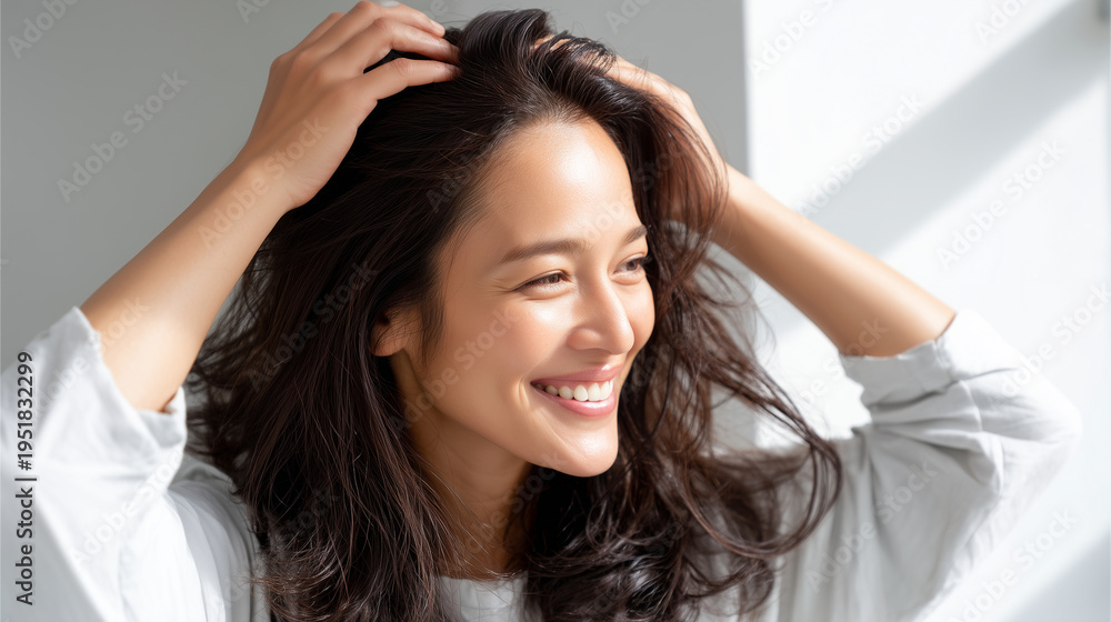 Naklejka premium A positive, high-key commercial shot of a smiling Japanese woman with healthy, voluminous dark hair, gently massaging her scalp with her fingertips in a sunlit room. Hair recovery,
